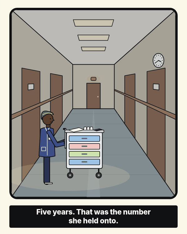 Night shift at 3:40 a.m.: Ola pushes the medication trolley down a care home corridor as her phone lights up