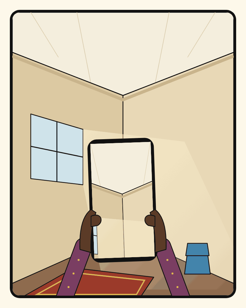 Illustration: in morning light, a mother's hands hold up a phone to photograph a dry ceiling corner, with the empty buckets stacked away. Then, in a break room in Manchester, a nurse looks at that photo on his phone and taps a plain button to release the balance.